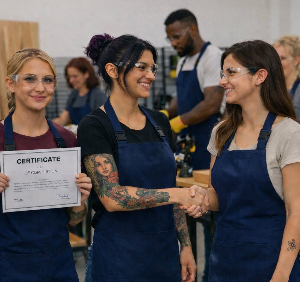 Vocational training graduate holding a certificate of completion while shaking hands with a smiling instructor