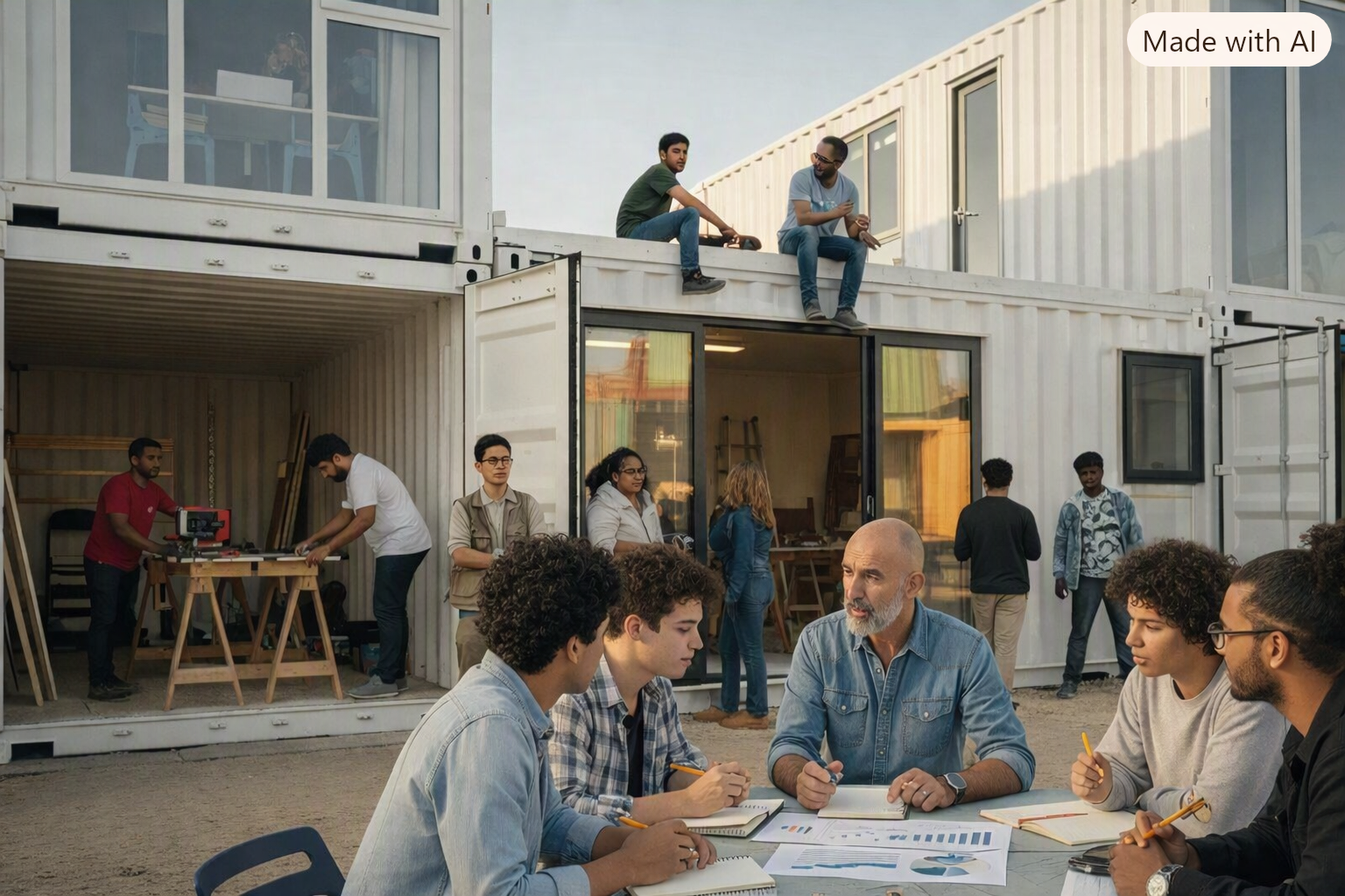 Foundation team planning together in front of container housing